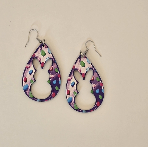 Wood Colorful Egg Print With Bunny Cutout Teardrop Earrings - Picture 5 of 5